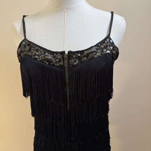 Vintage Forever 21 All Over Fringe + Sequin Mini Dress Black Size M - Picture 2 of 8